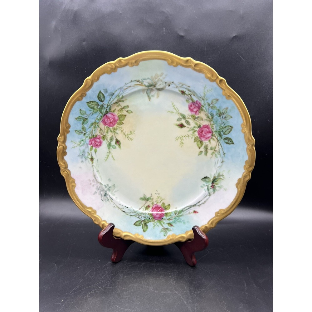 Antique Bavarian Porcelan Hand Painted Pink Rose Signed By Artist 10"